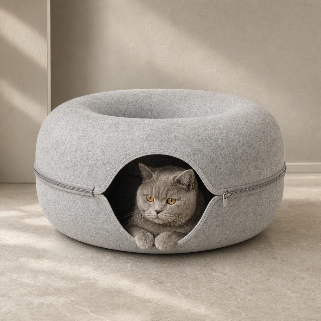 Luna two-in-one felt cat bed showing the zippered construction