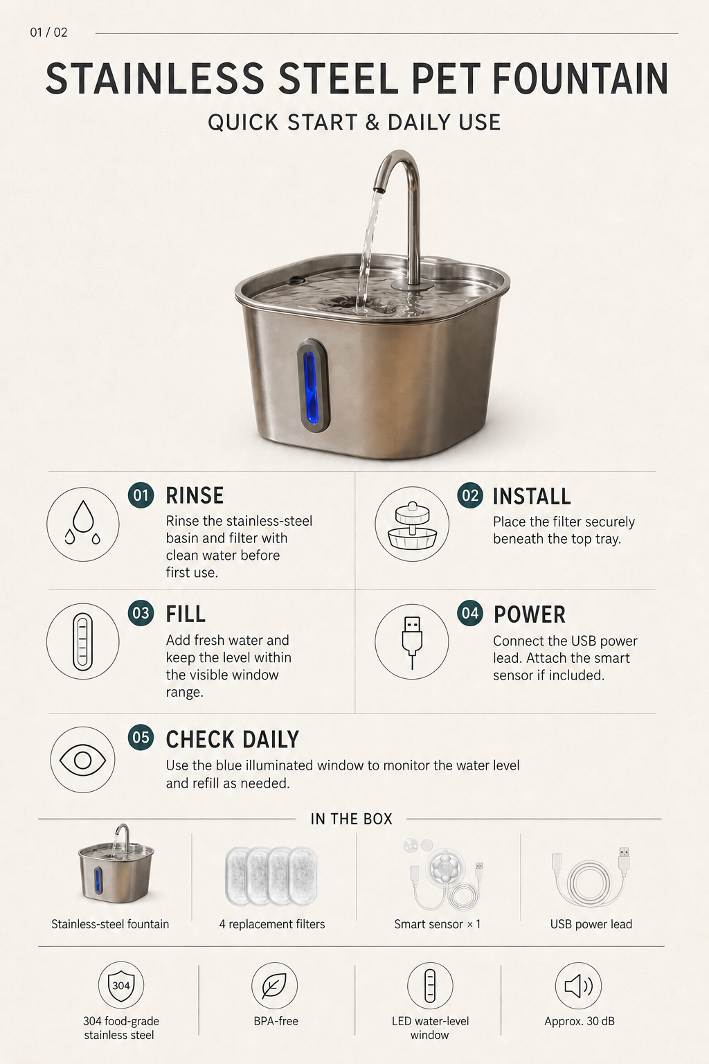 Quick start and daily use guide for the PureFlow pet fountain