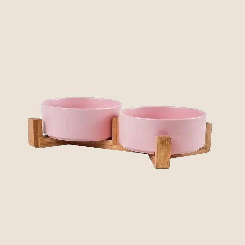 Duo Ceramic Pet Bowl Set with Wooden Stand - editorial