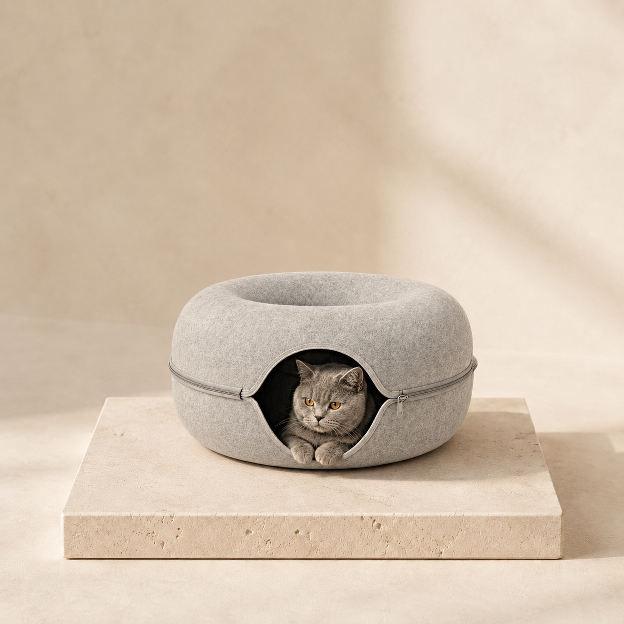 Luna felt cat bed and play tunnel on a travertine surface