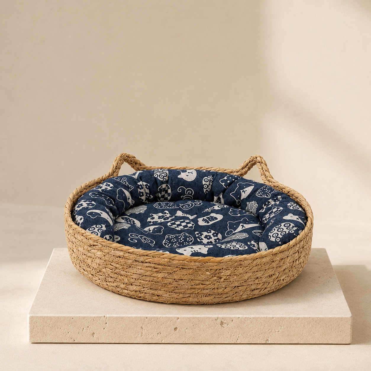 Nami woven cat basket bed with a navy cushion