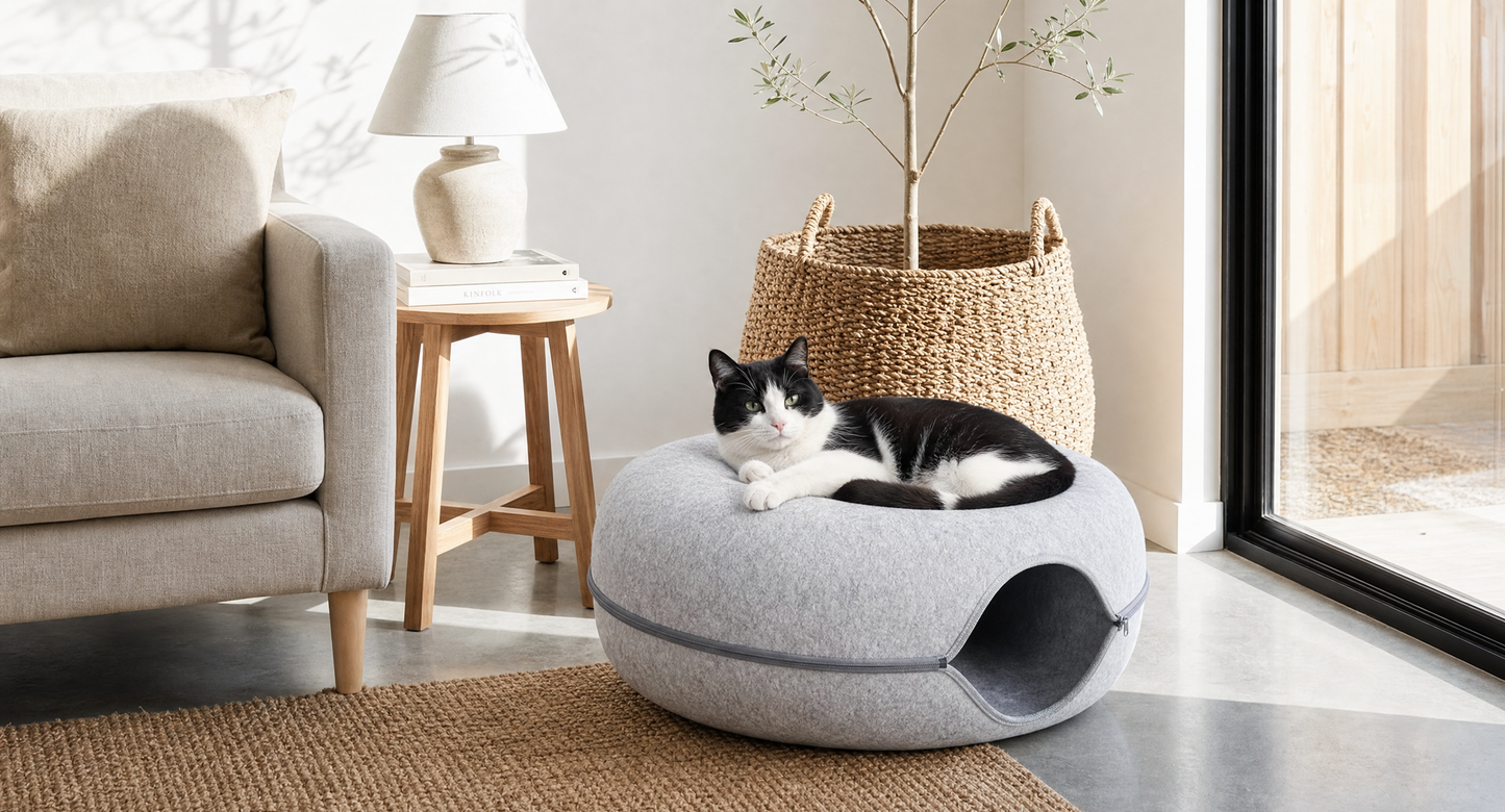 Luna felt cat tunnel with a cat resting inside