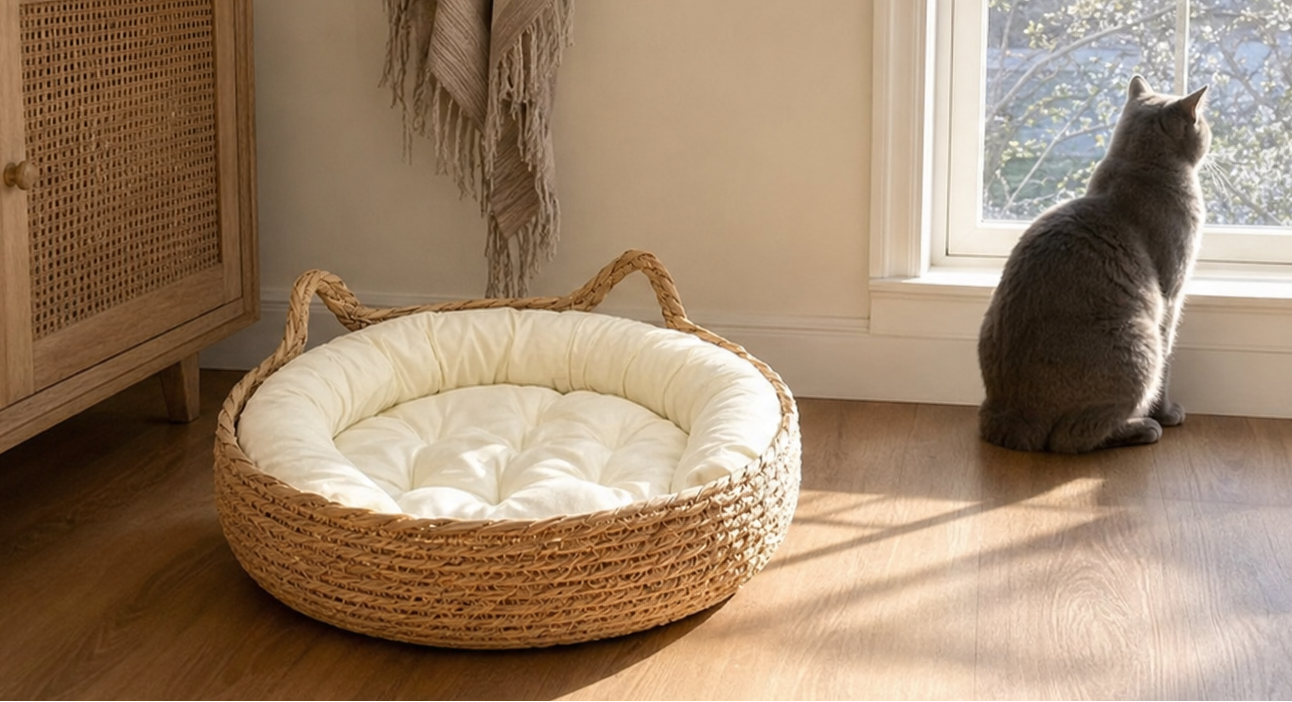 Nami Woven Cat Basket Bed with Cushion - editorial