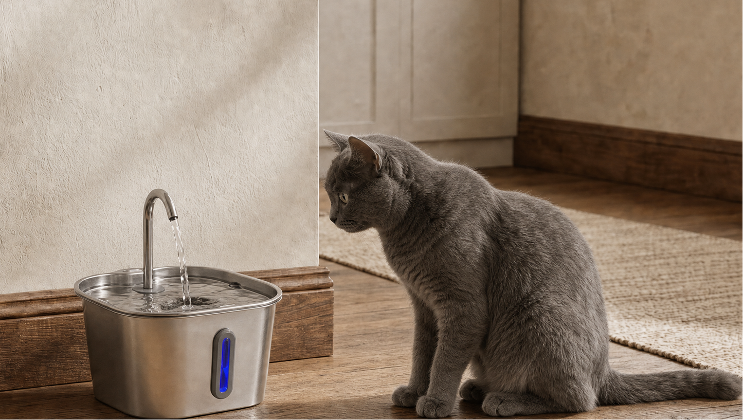 PureFlow stainless steel pet fountain with flowing water