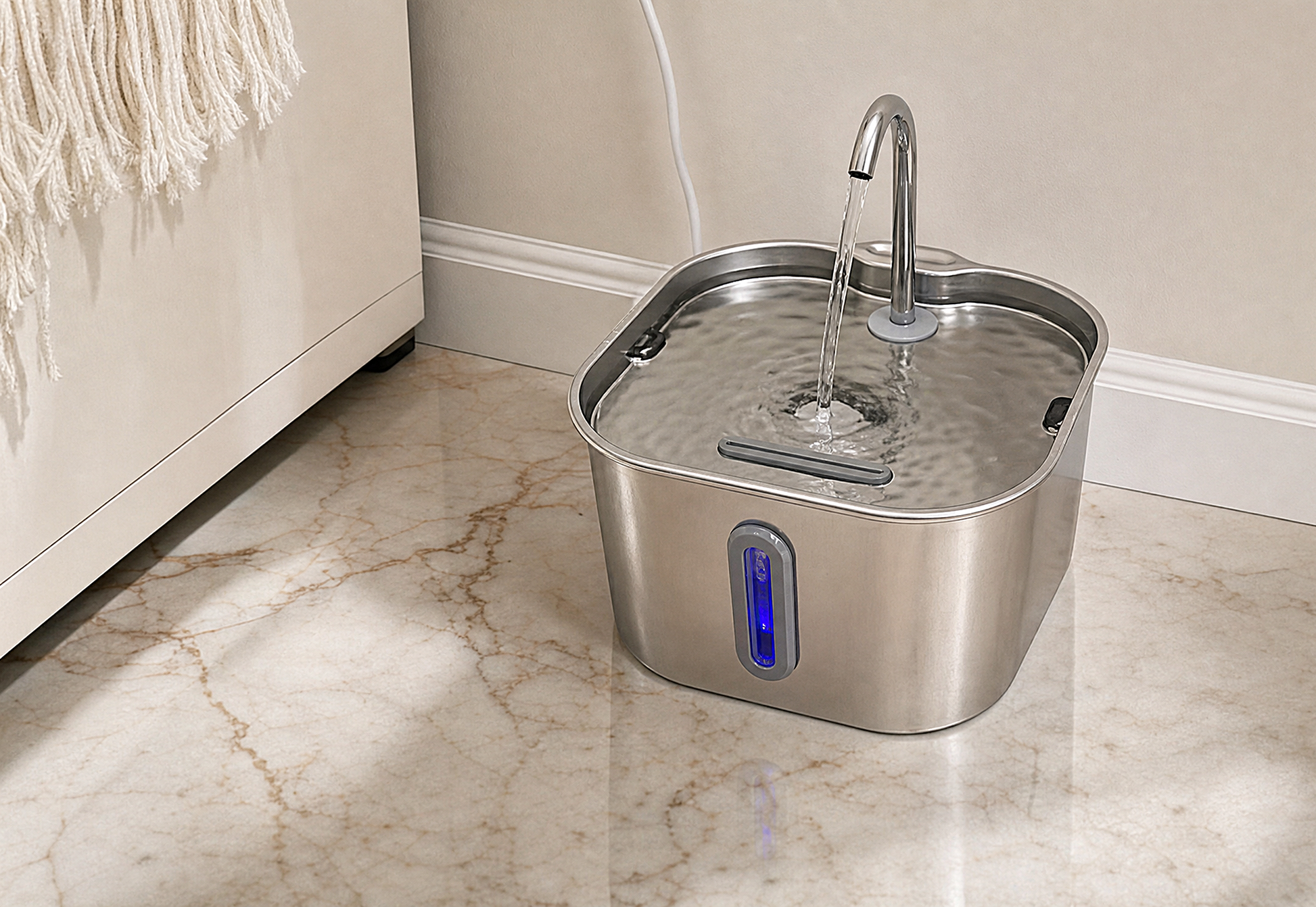 PureFlow pet fountain with a cat drinking from it