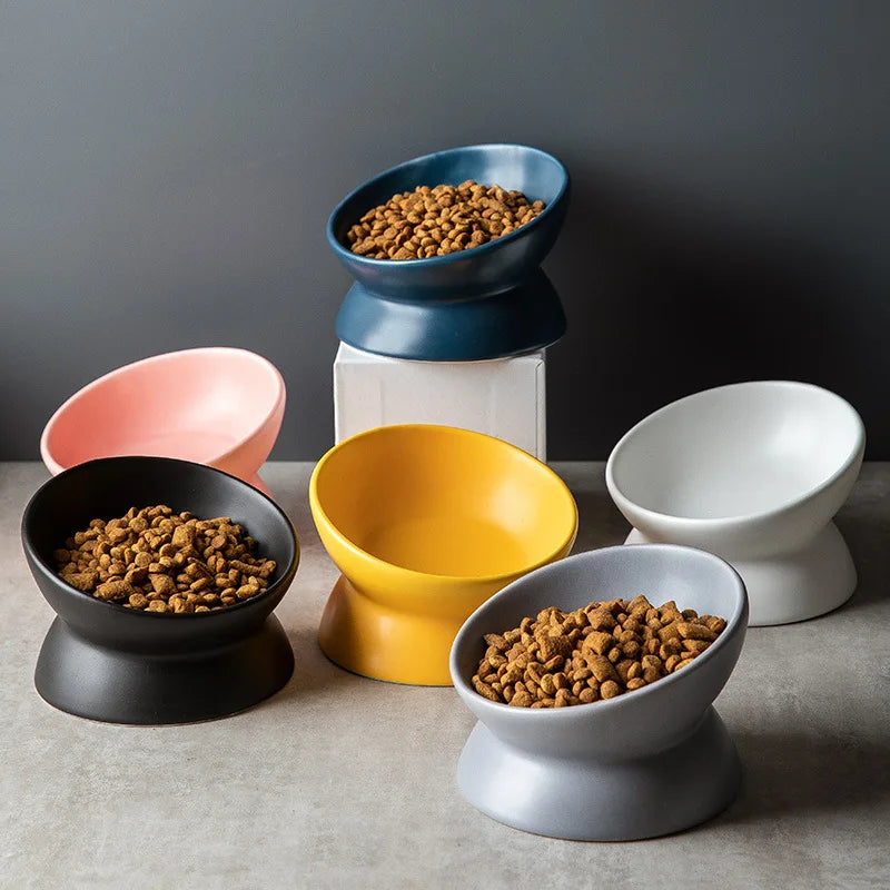 Lumi tilted pet bowl showing the raised pedestal base