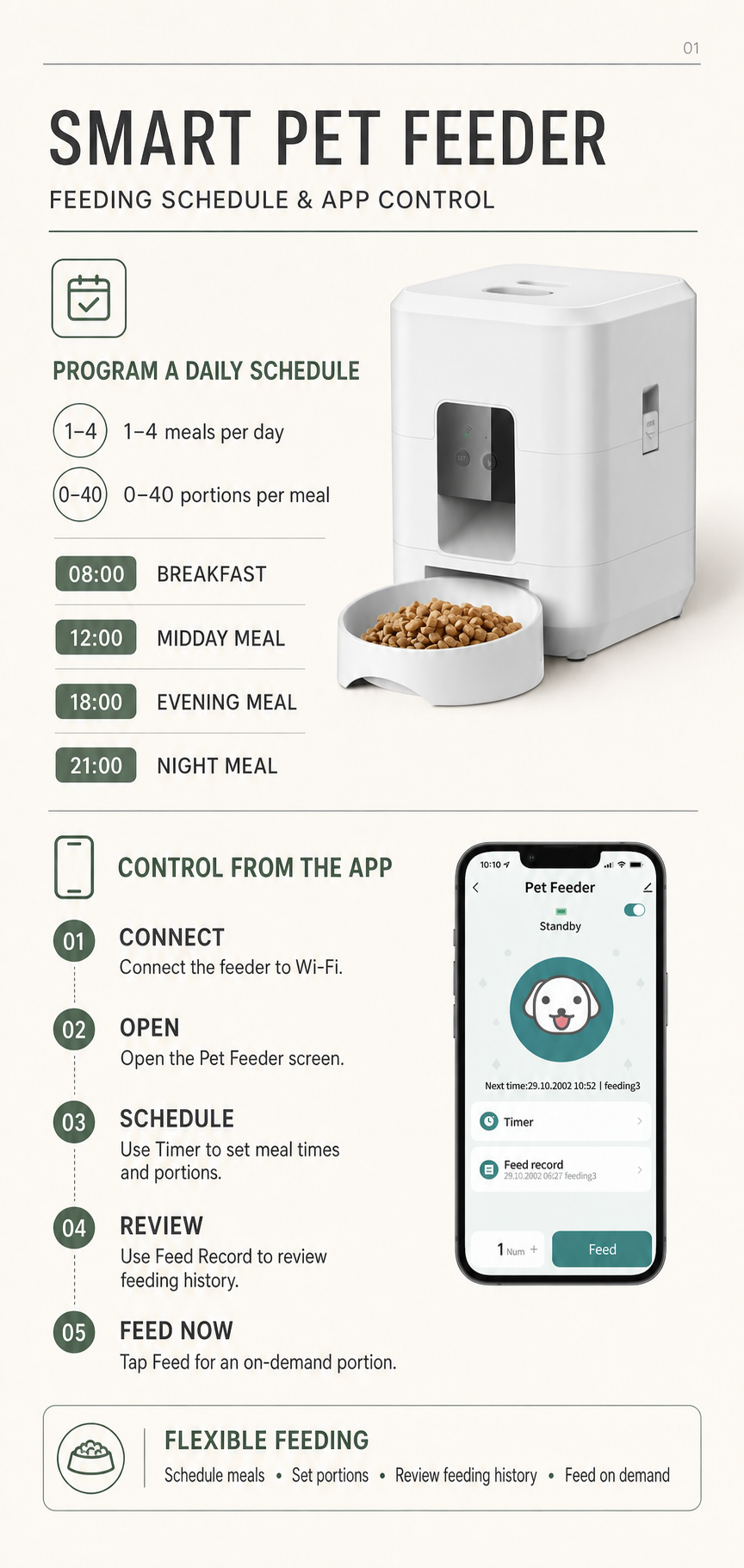 Diagram showing SmartServe meal scheduling via app and manual controls