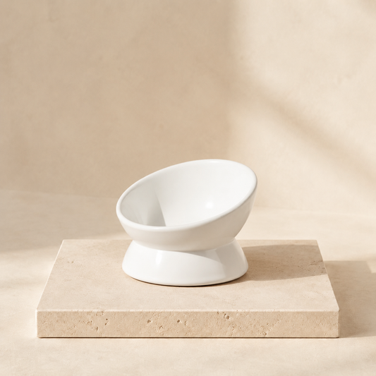 Lumi white tilted ceramic pet bowl on a travertine surface
