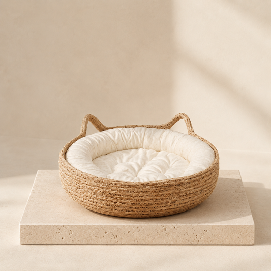 Nami woven cat basket bed with cushion on a travertine surface