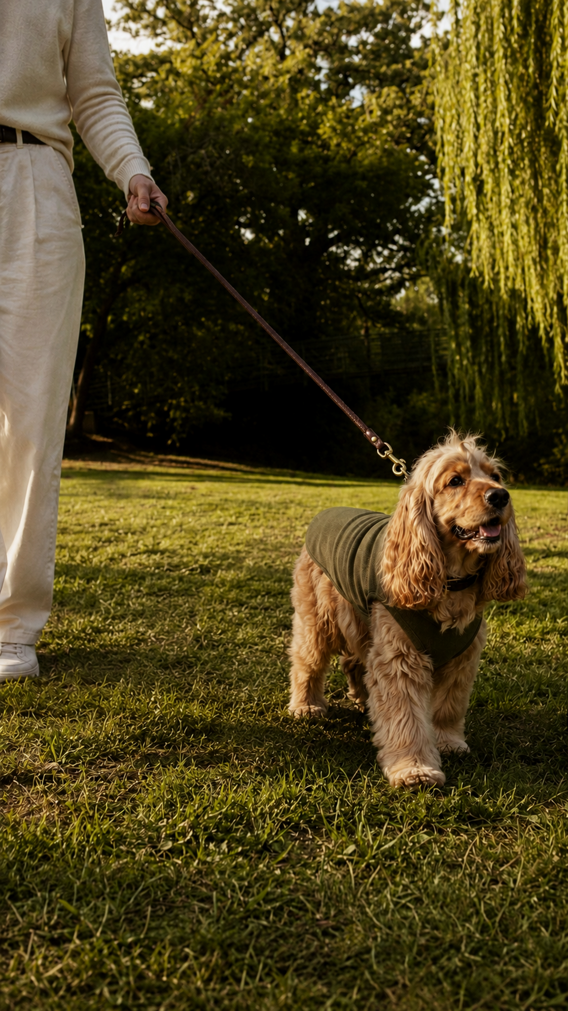 A cocker spaniel in an olive Florapetale piece on a garden walk
