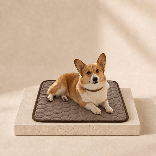 Dog resting on BreezeMesh pet mat in cream editorial studio