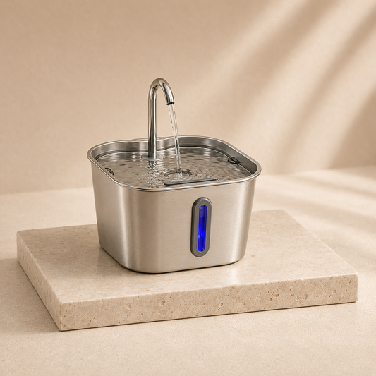 PureFlow stainless steel pet fountain on cream travertine pedestal