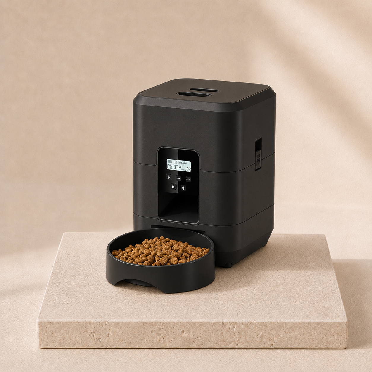 SmartServe black automatic pet feeder on cream travertine pedestal
