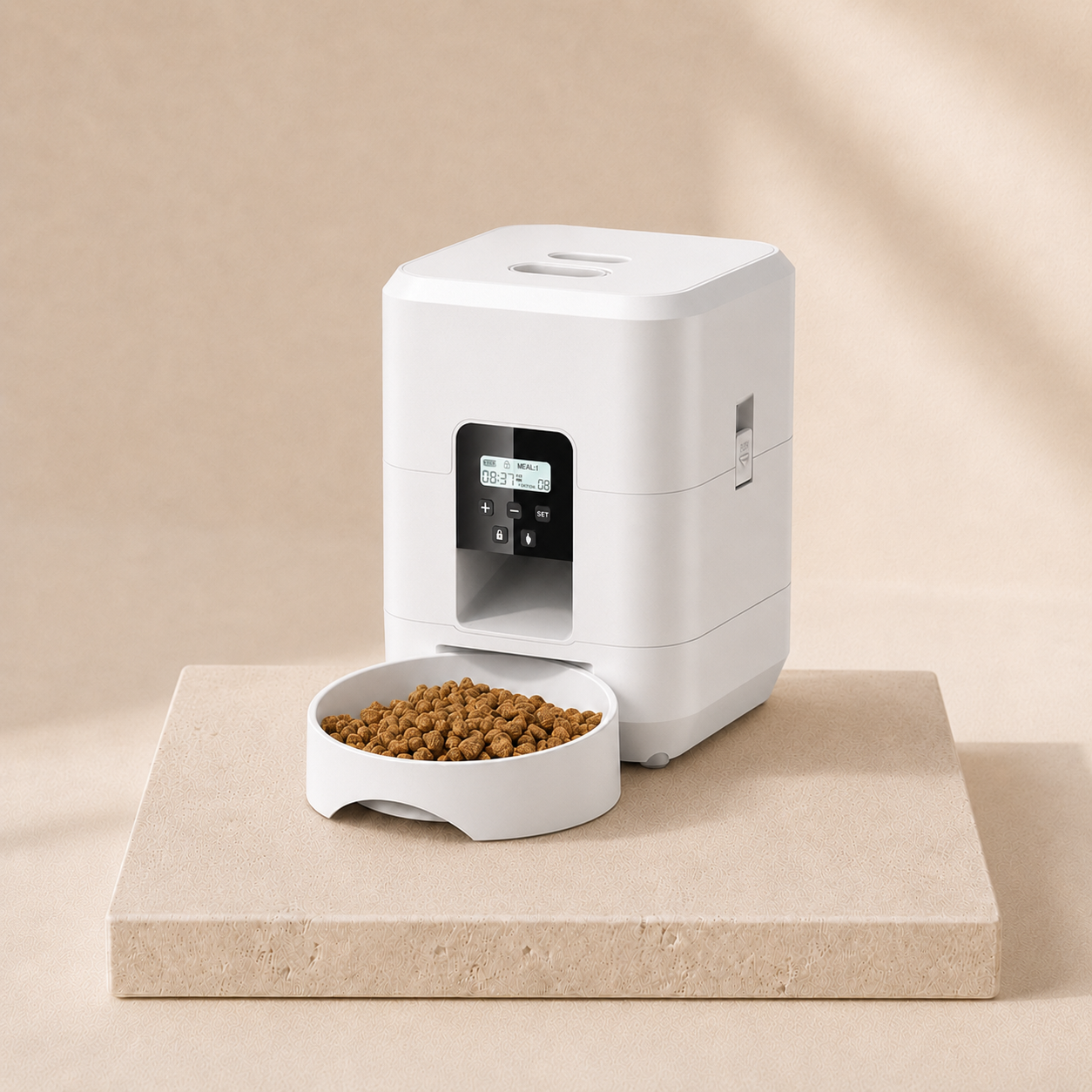 SmartServe white automatic pet feeder on cream travertine pedestal