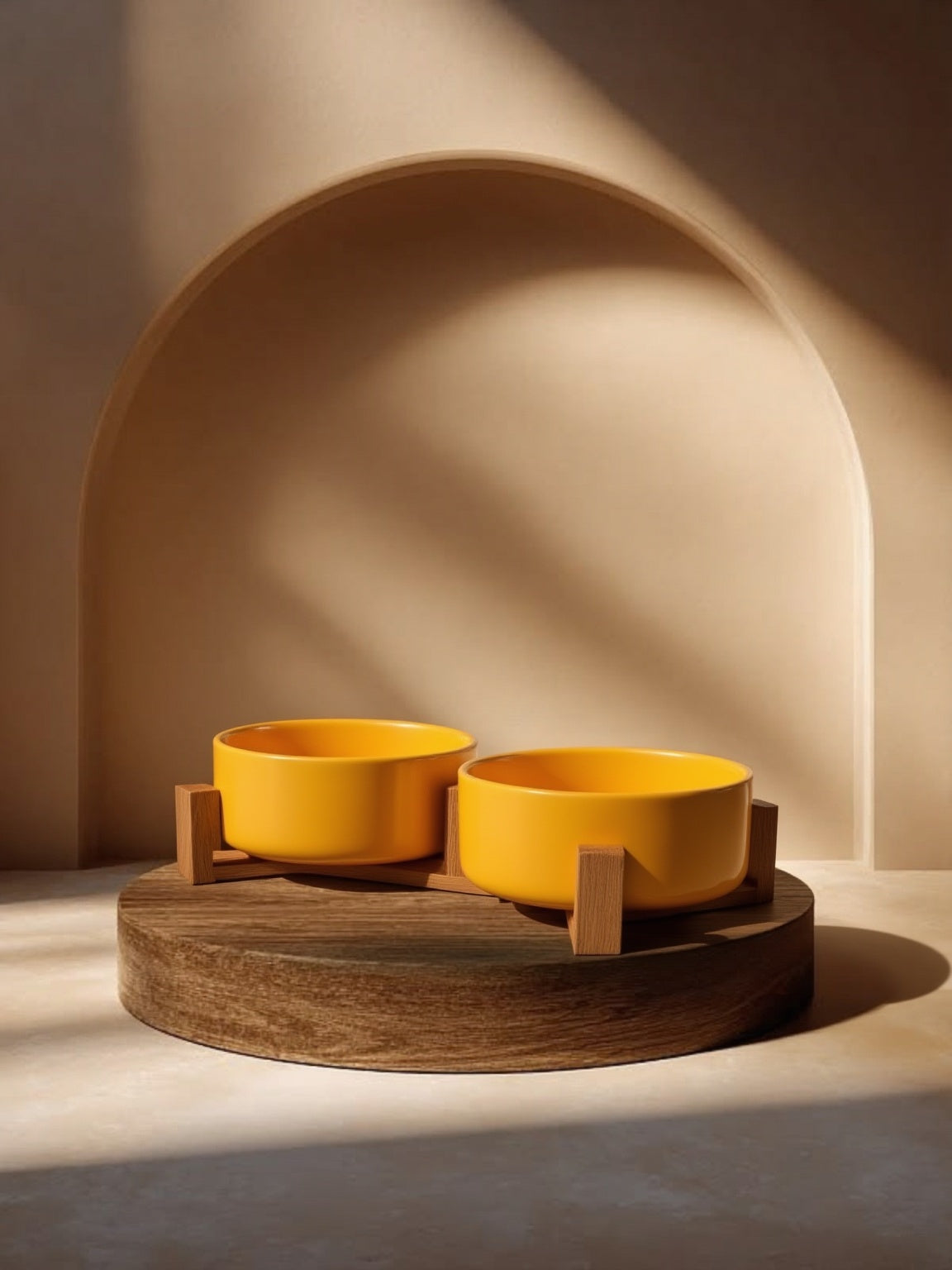 Duo Ceramic Pet Bowl Set Yellow - wooden podium editorial